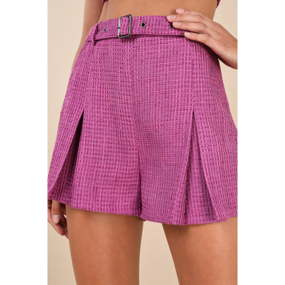 Lulus Bold Cutie Purple Tweed Belted Pleated Mini Shorts - Size XS